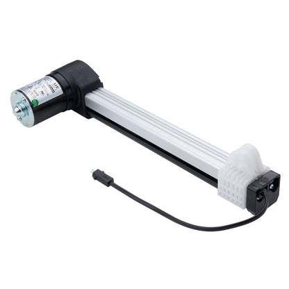 Mechanical component with a white cylindrical body and black connectors on a white background