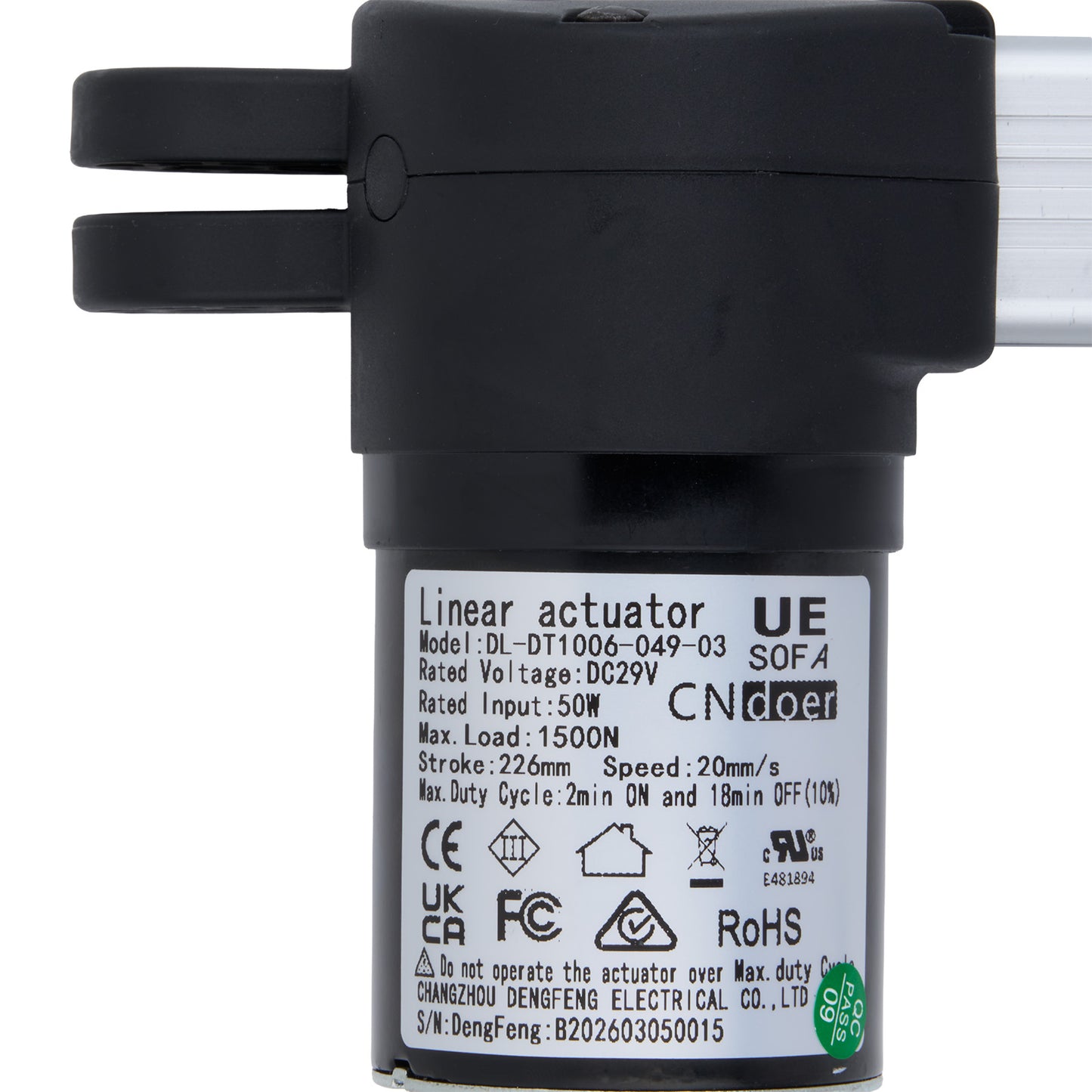 Linear actuator with label on a white background