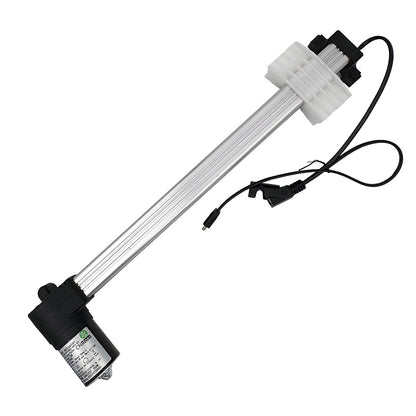 A linear actuator motor with a black body, connected to a white shaft and a silver gear system, with two cables attached to it.
