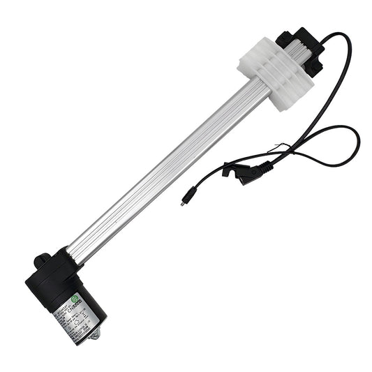 A linear actuator motor with a black body, connected to a white shaft and a silver gear system, with two cables attached to it.