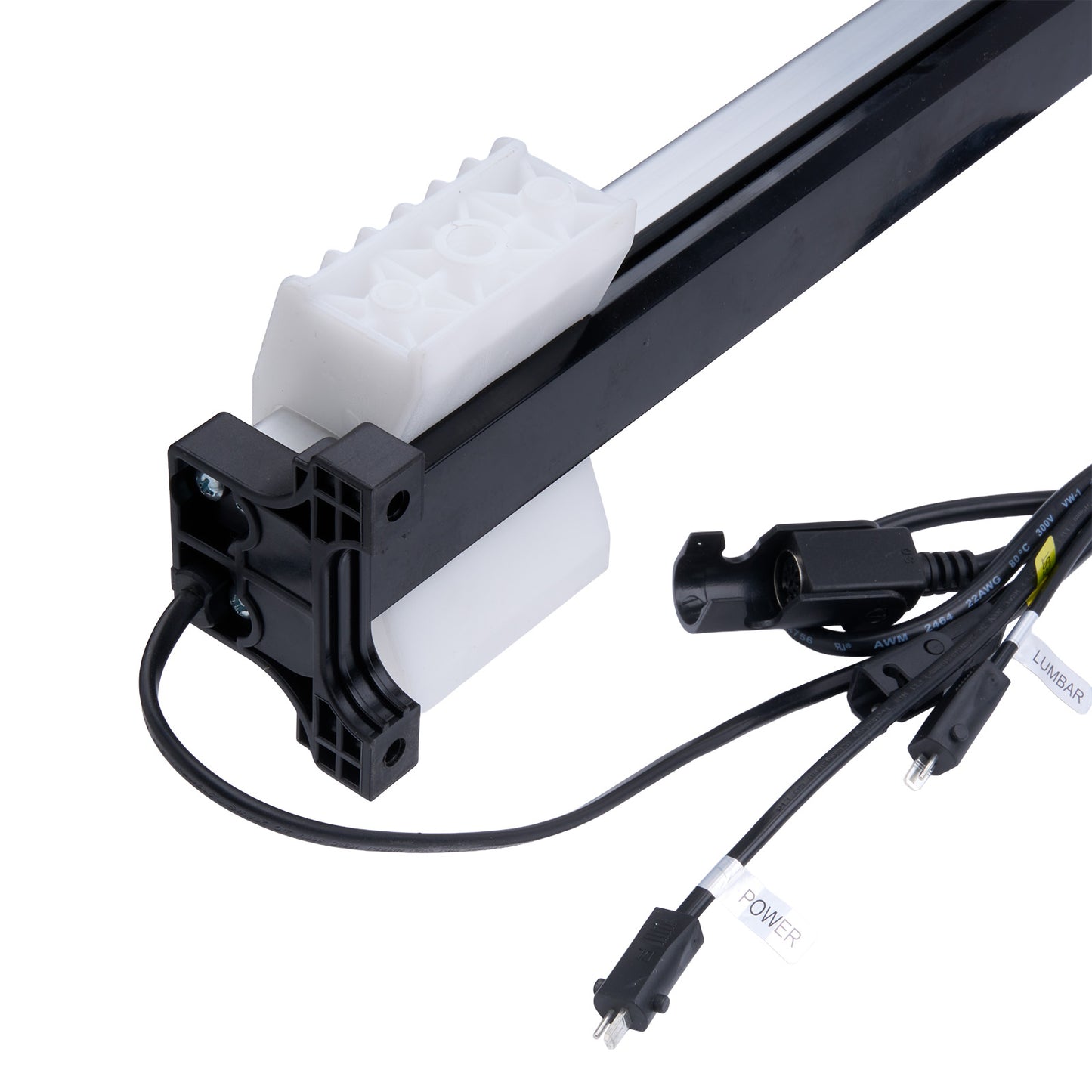 Mechanical arm with white foam block and power cable on a white background
