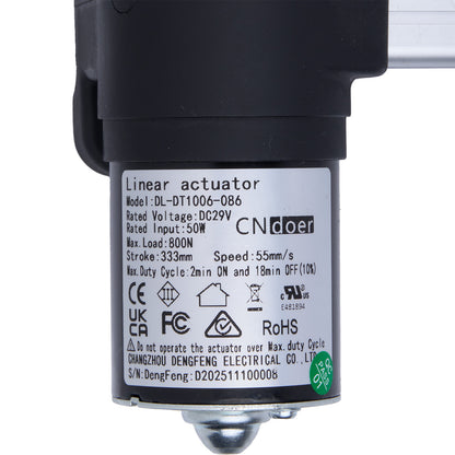 Linear actuator with CNdoer branding and specifications on a white background