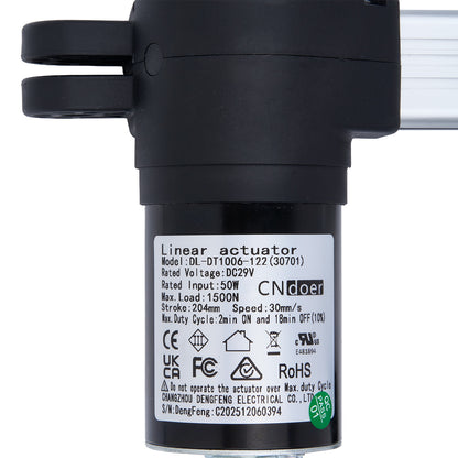 Linear actuator with CNDoer branding and specifications on a white background