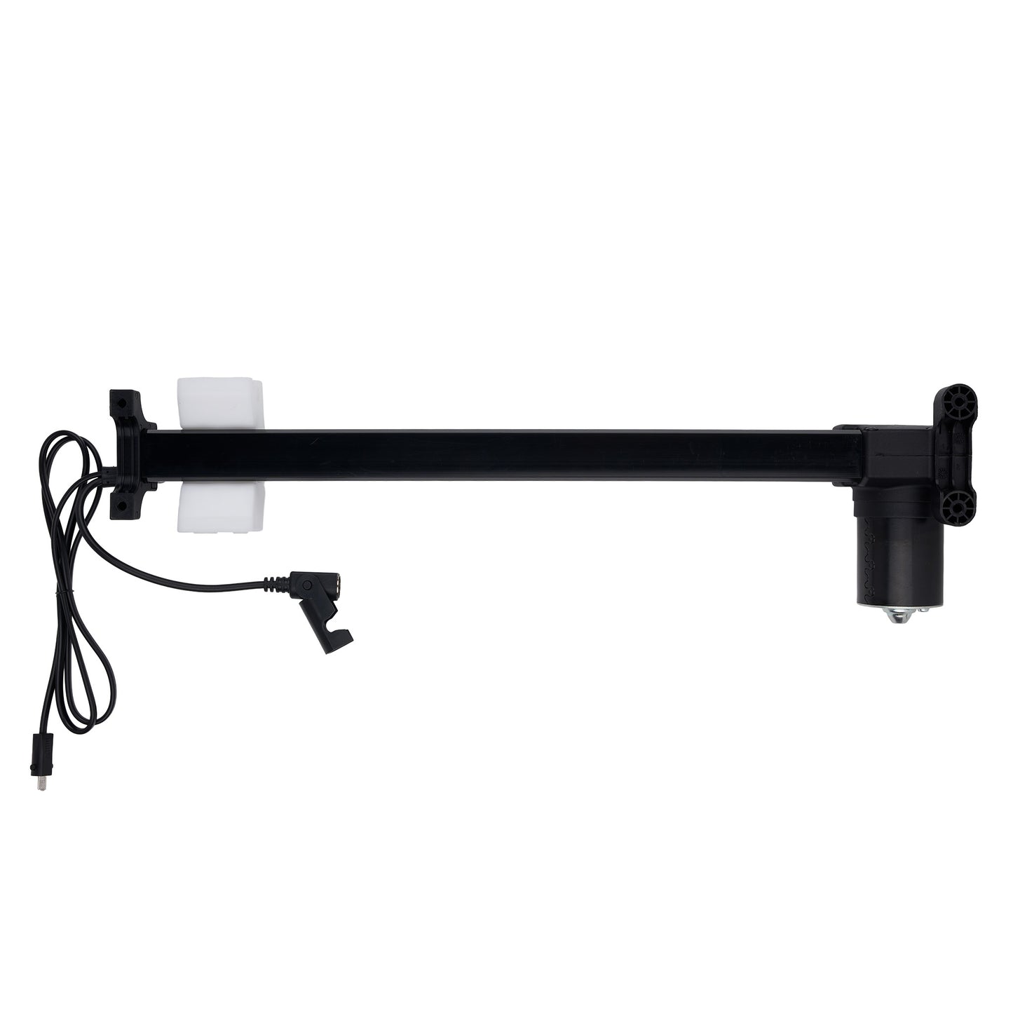 Black adjustable arm with a white light bulb on a white background