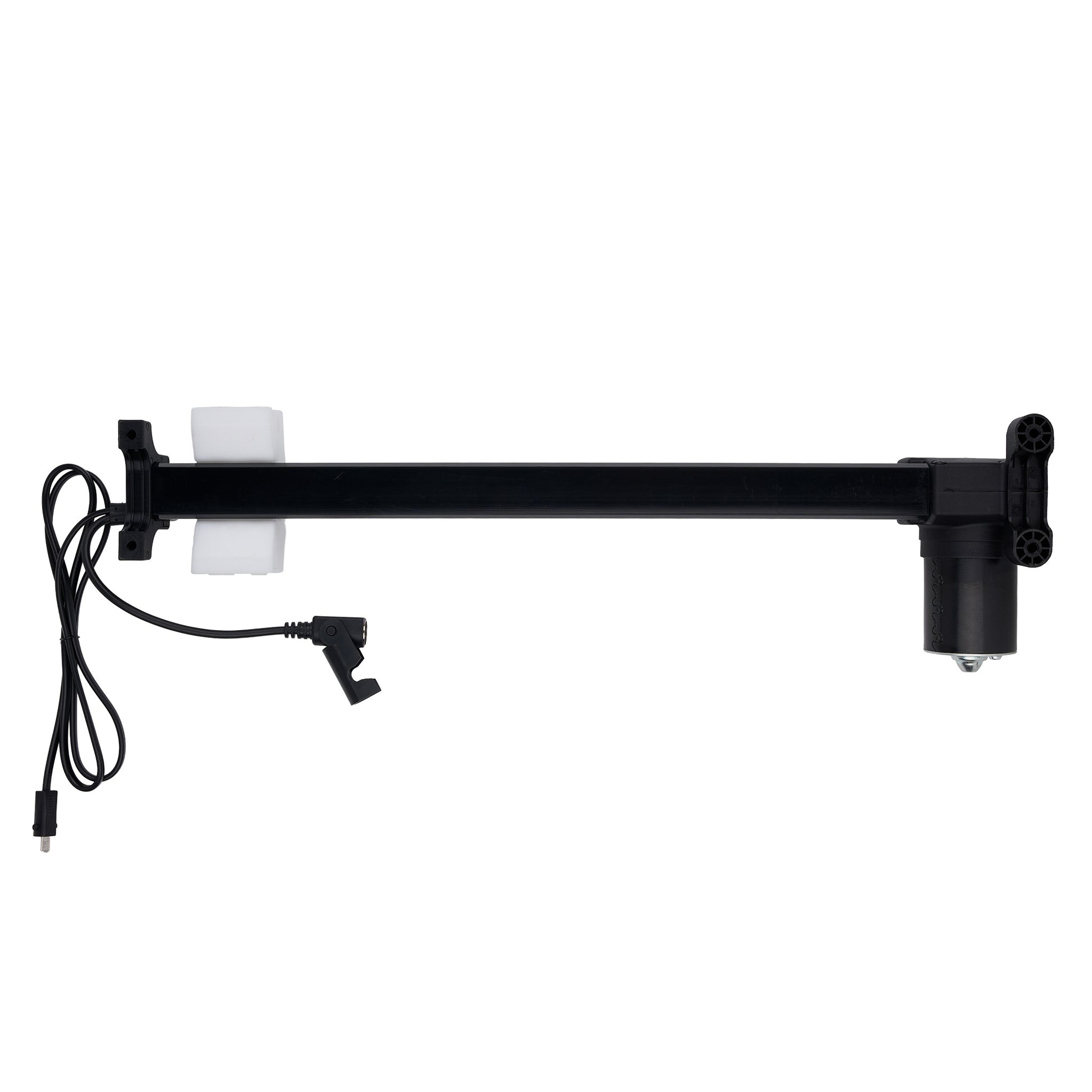 Black adjustable arm with a white light bulb on a white background