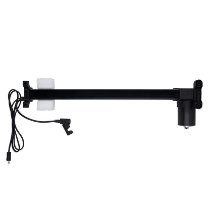 Black adjustable arm with a white light bulb on a white background