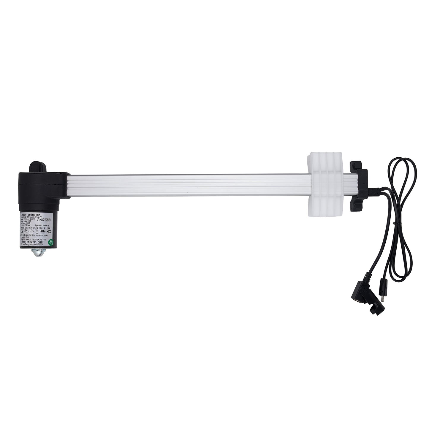 White actuator with black components on a white background