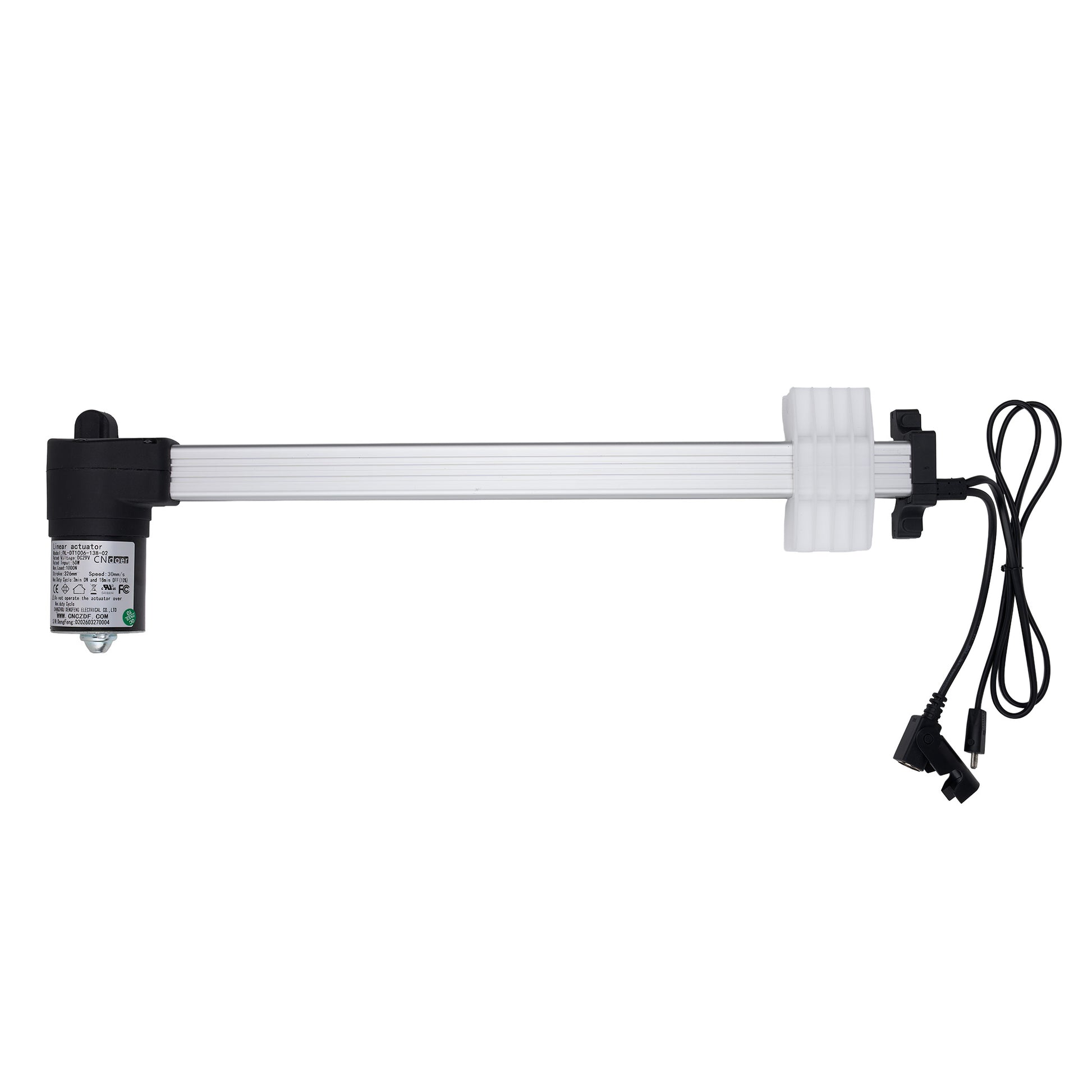 White actuator with black components on a white background