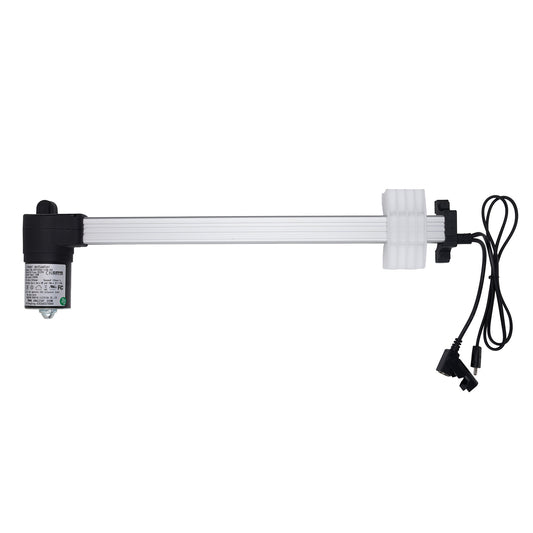 White actuator with black components on a white background