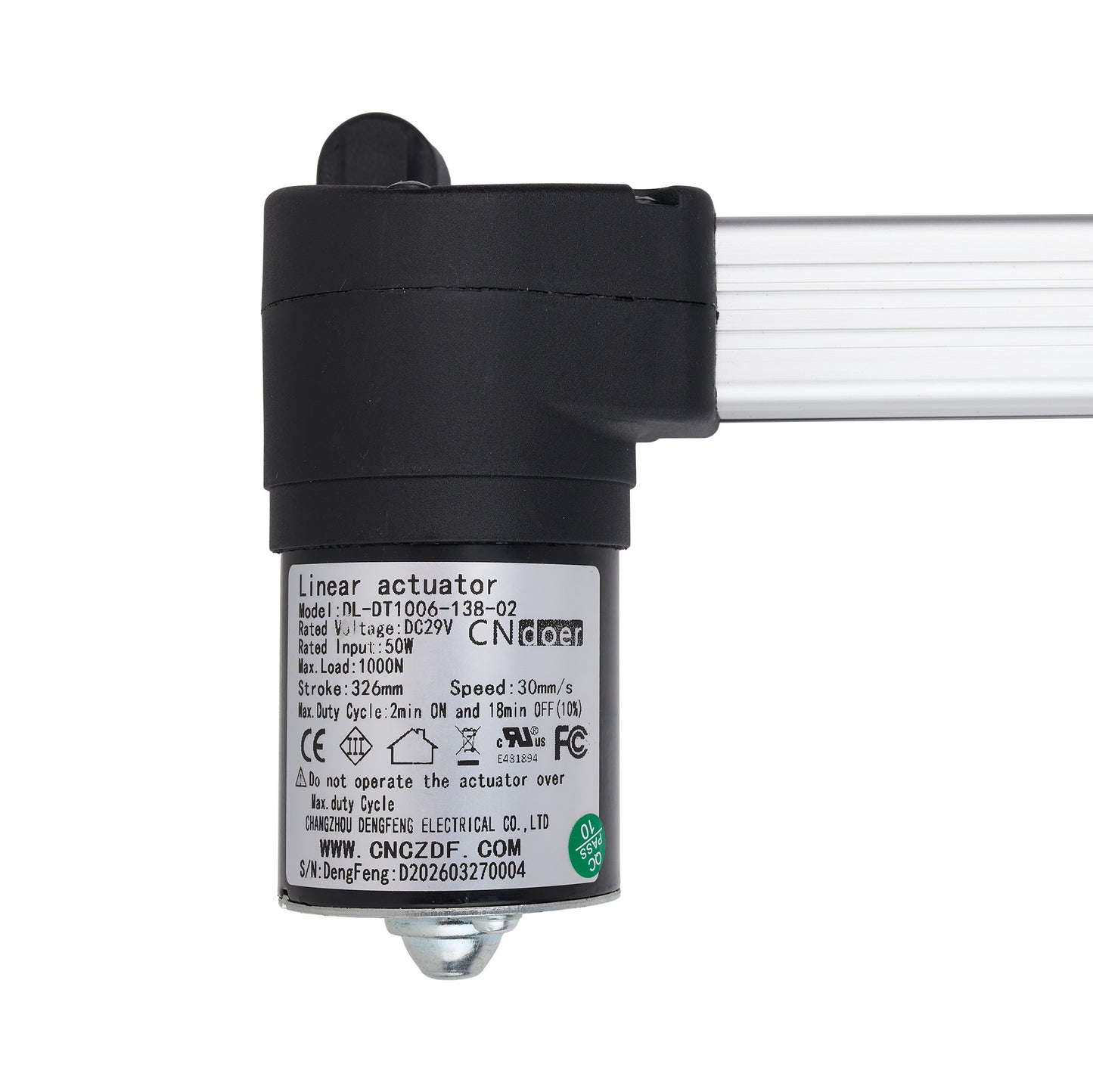 Linear actuator with visible branding and specifications on a white background