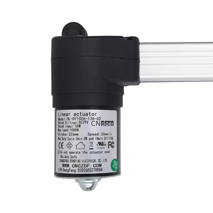 Linear actuator with visible branding and specifications on a white background
