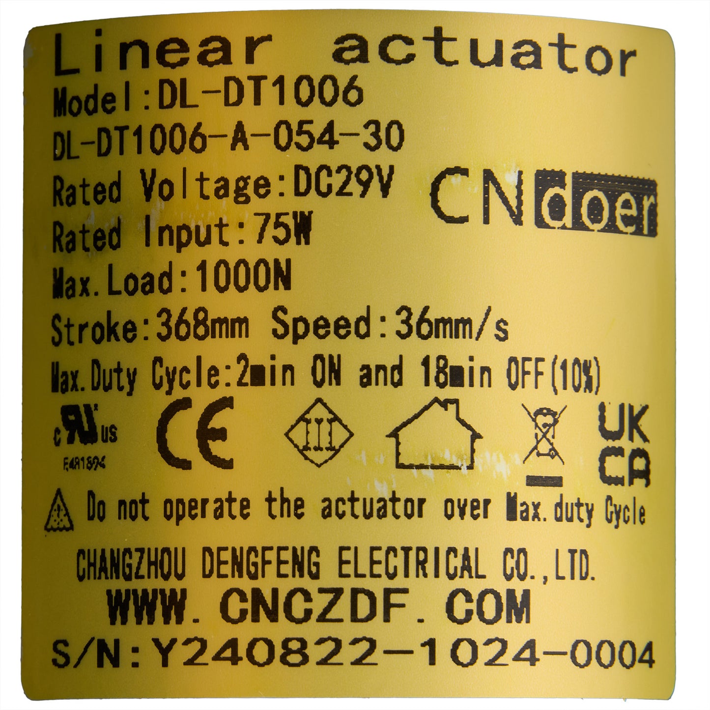 CN DOER DL-DT1006-A-054-30 Linear Actuator Motor by Changzhou DengFeng