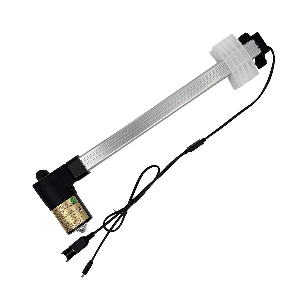 A CNDOER DL-DT1006A-054-01 linear actuator motor with a silver metal housing, black plastic end caps, and attached cables.