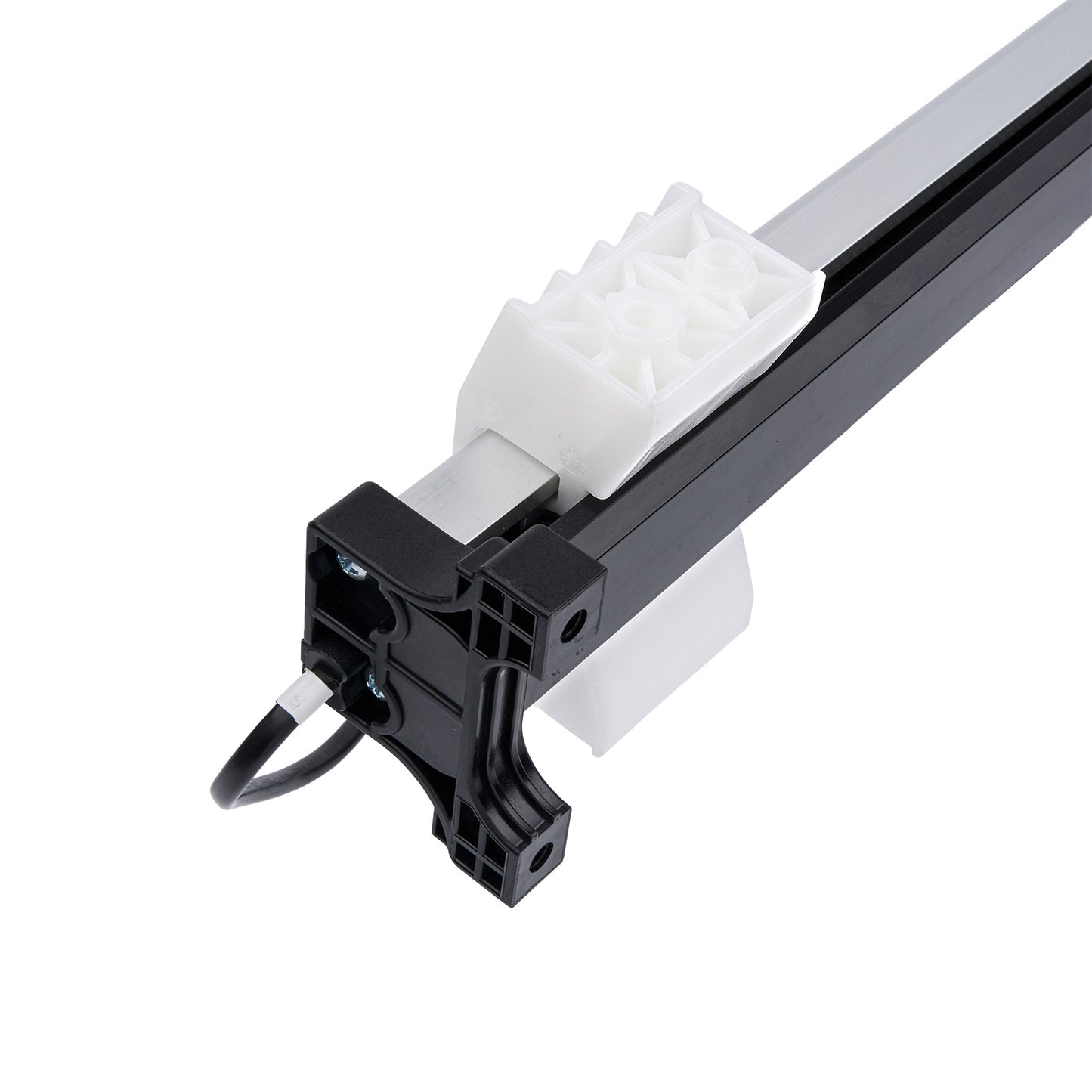 Close-up of a mechanical component with a white cable on a white background