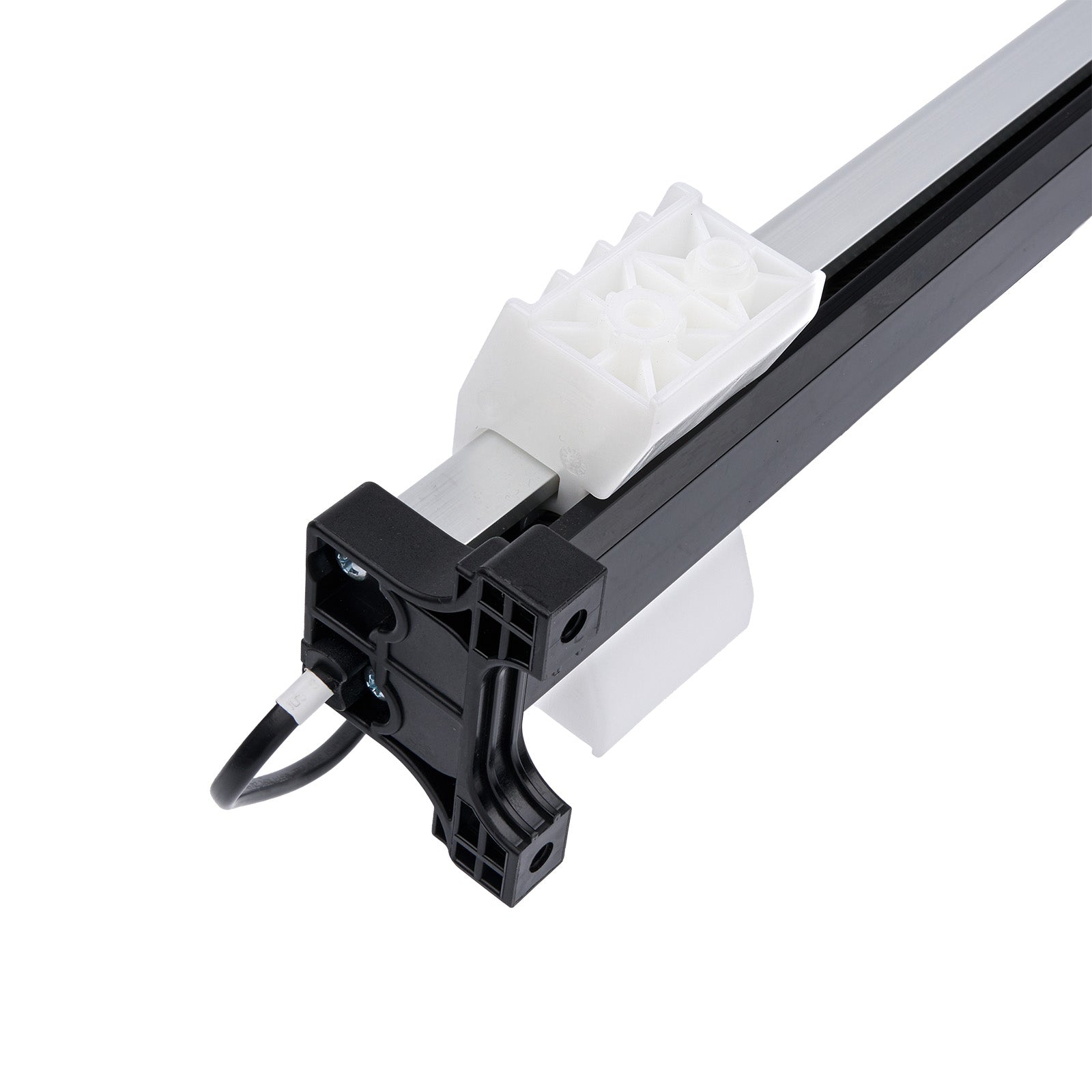 Close-up of a mechanical component with a white cable on a white background