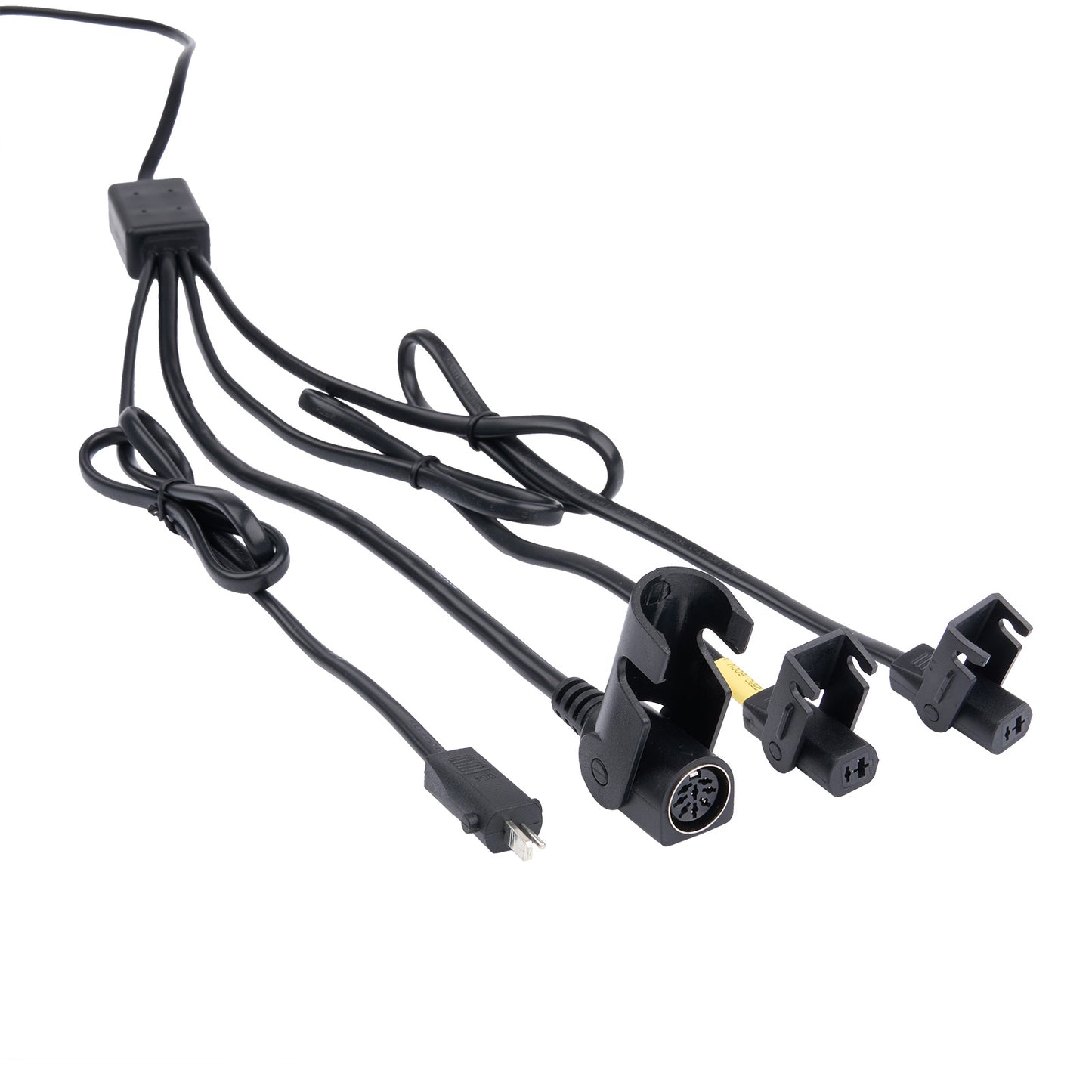 Set of black car power cables with connectors on a white background