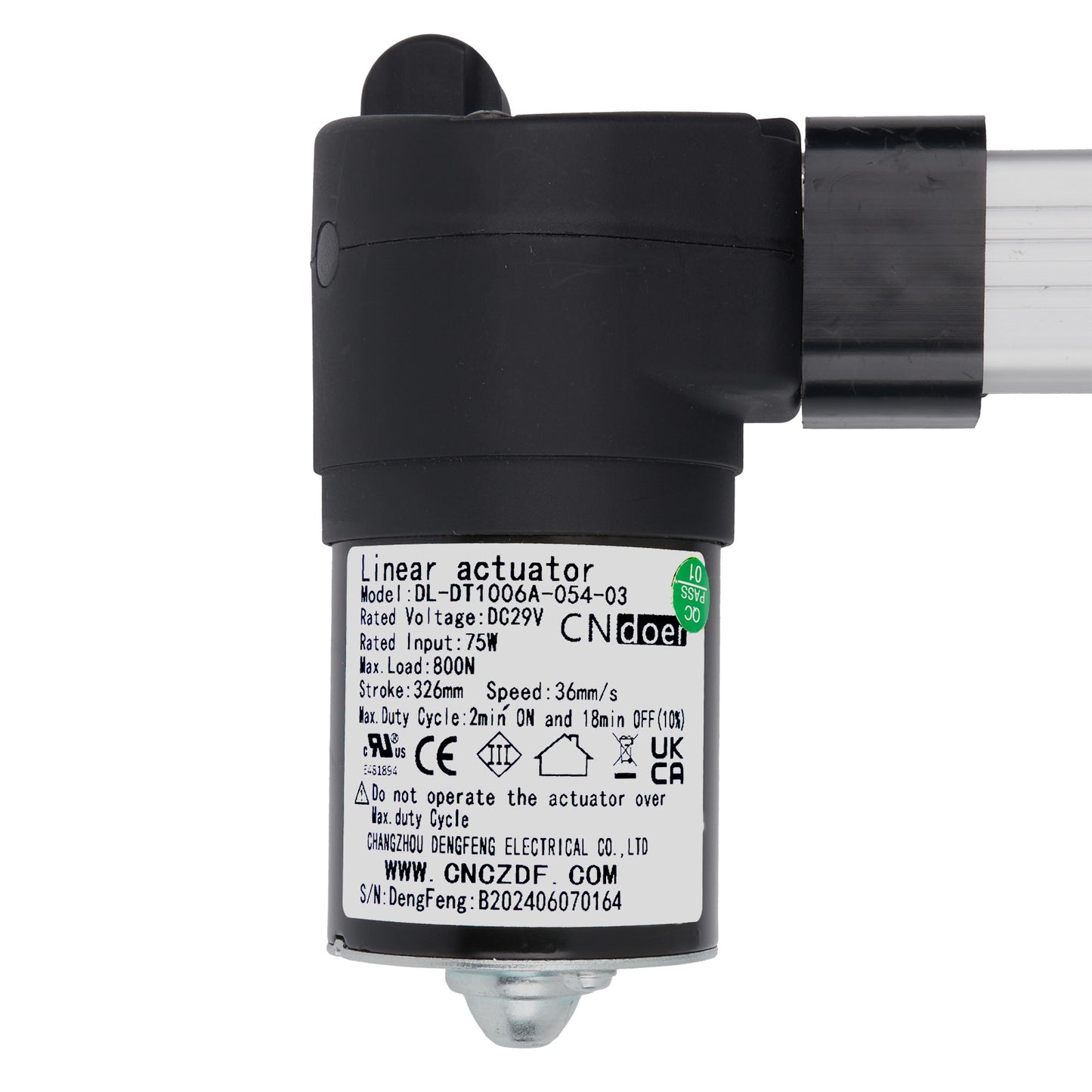 Linear actuator with label on a white background