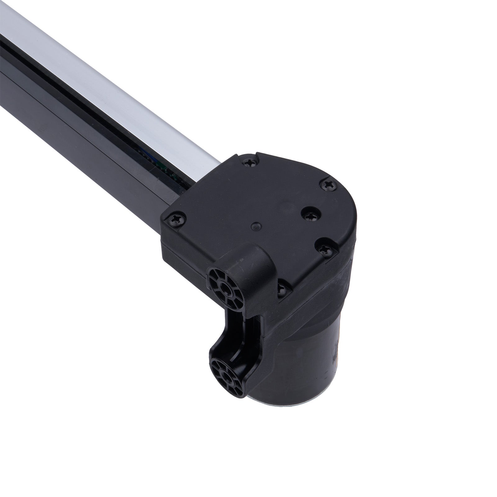 Black metal bracket with cylindrical component on a white background