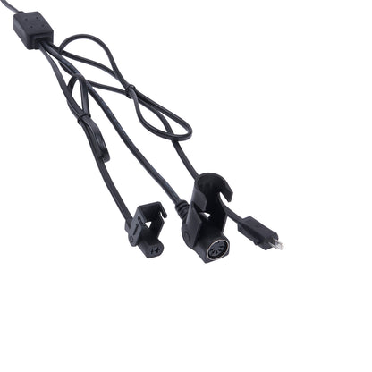 Black microphone cable with two clips on a white background