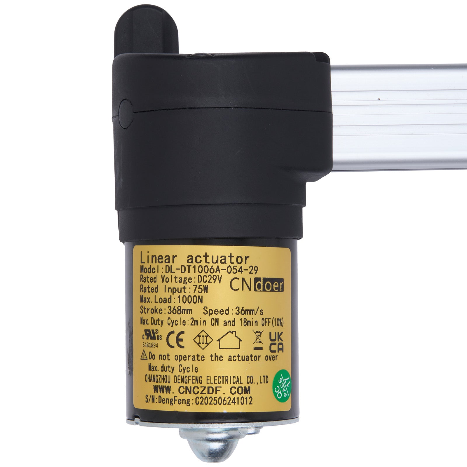 Linear actuator with CNDoer branding on a white background