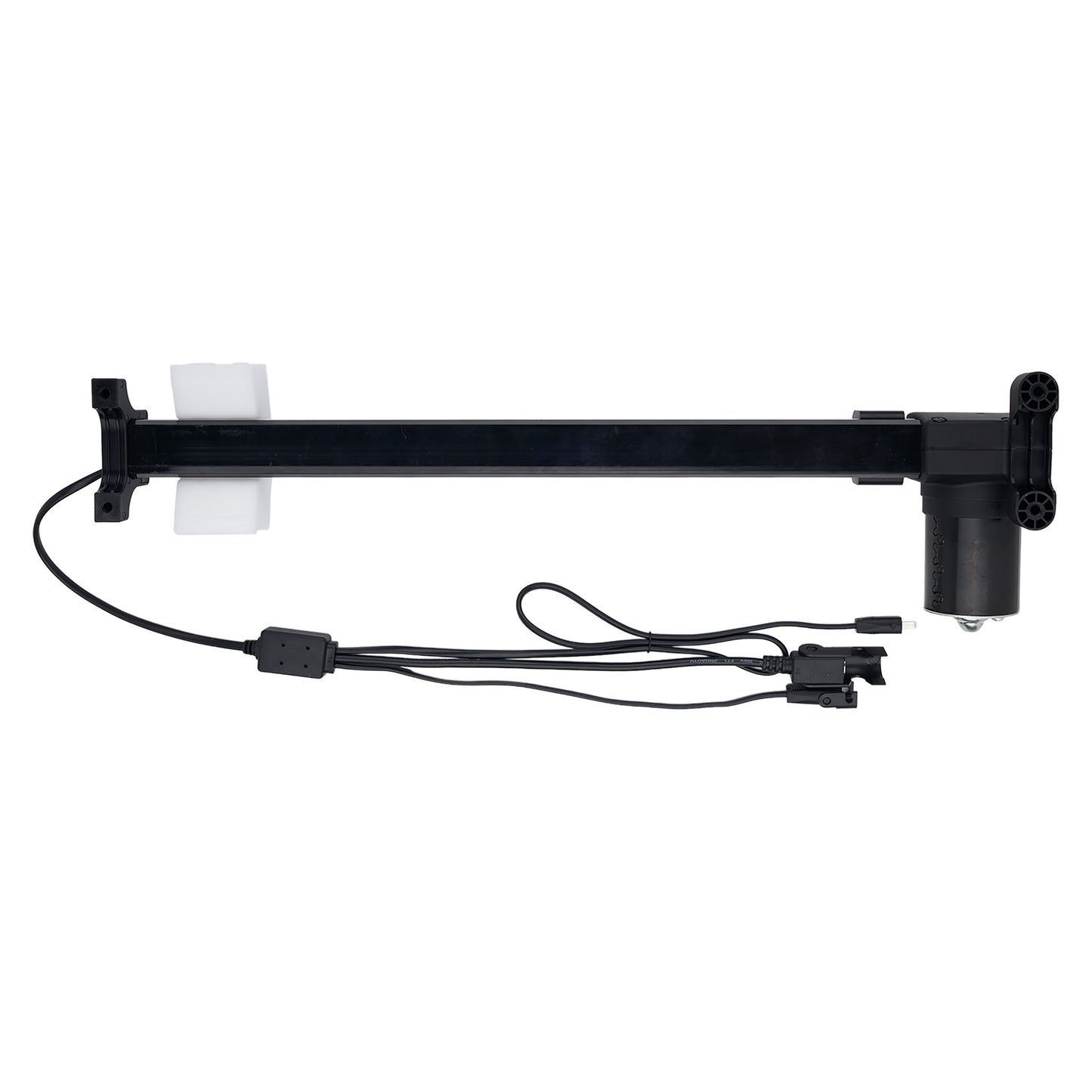 Black adjustable stand with mounting hardware on a white background