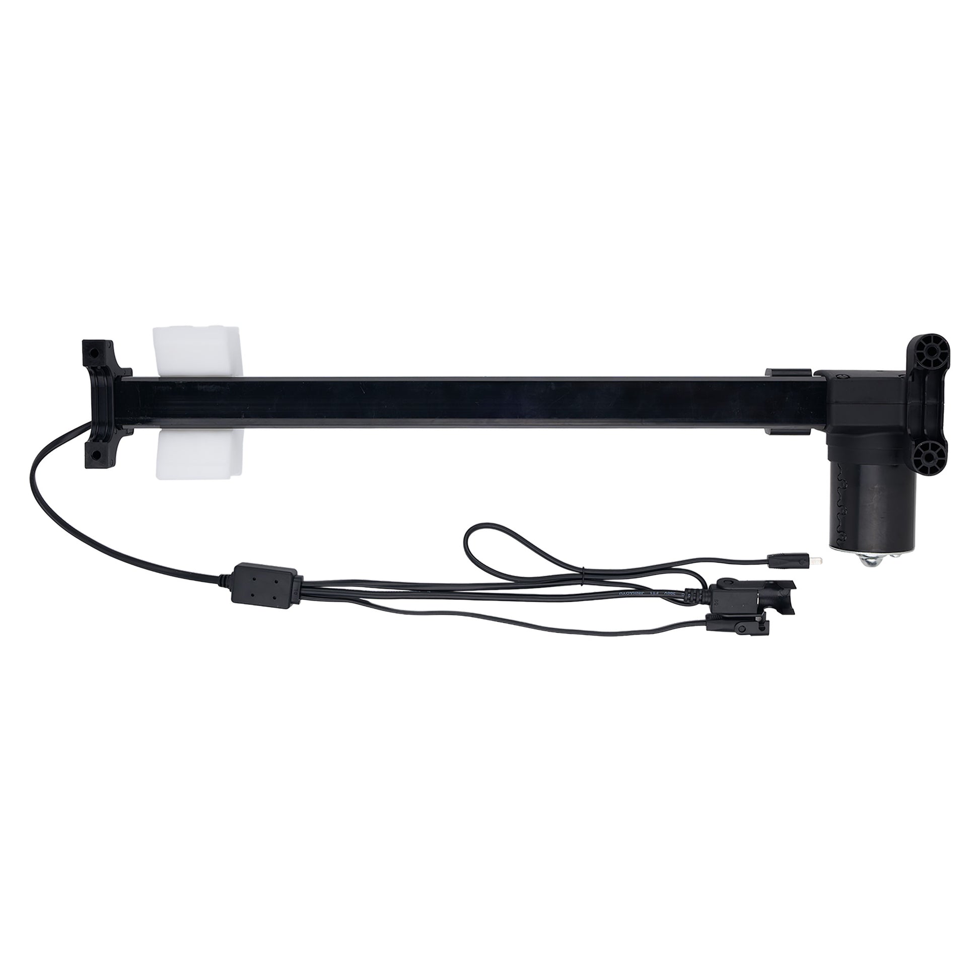 Black adjustable stand with mounting hardware on a white background