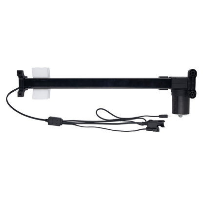 Black adjustable stand with mounting hardware on a white background