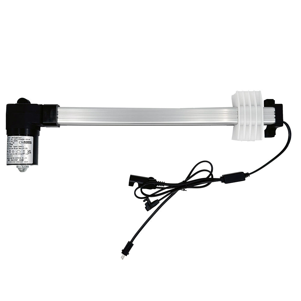 A CNDOER DL-DT1006A-054 linear actuator motor with a silver shaft, black housing, and attached electrical cables.
