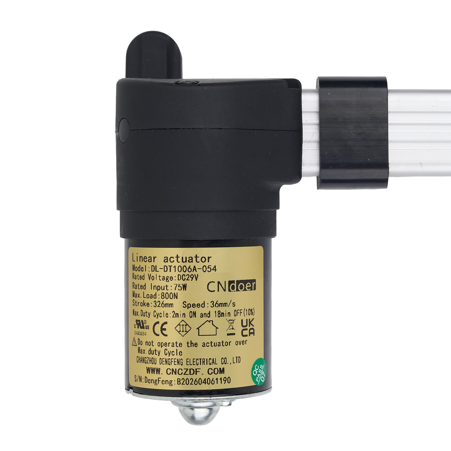 Linear actuator with visible branding and specifications on a white background