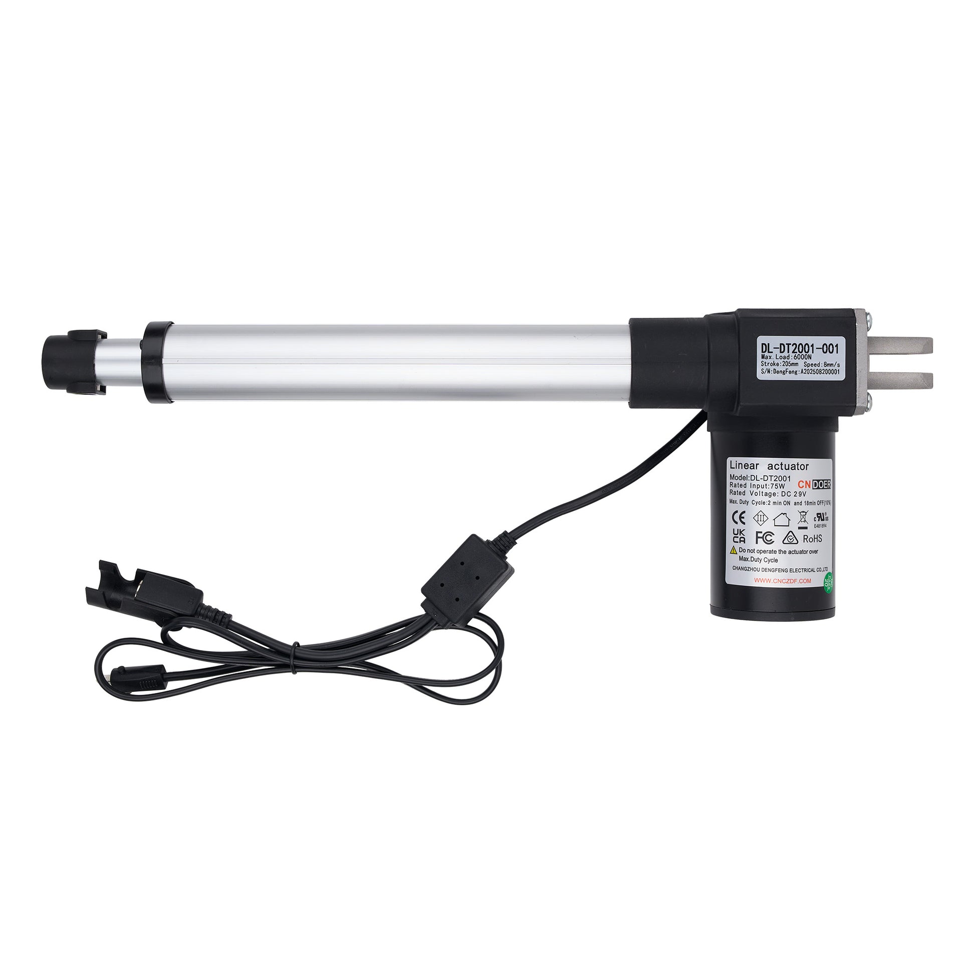 Linear actuator with power cable on a white background