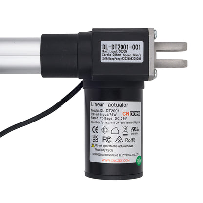Linear actuator with visible branding and specifications on a white background