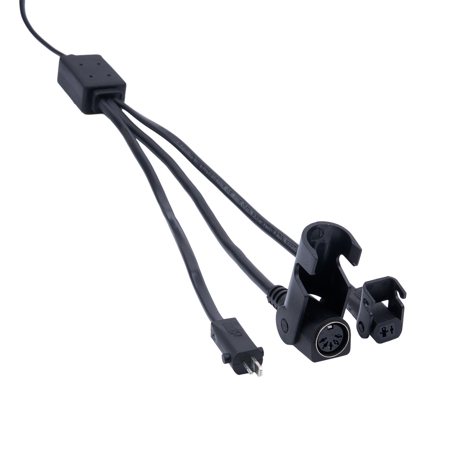Black electrical cable with connectors on a white background