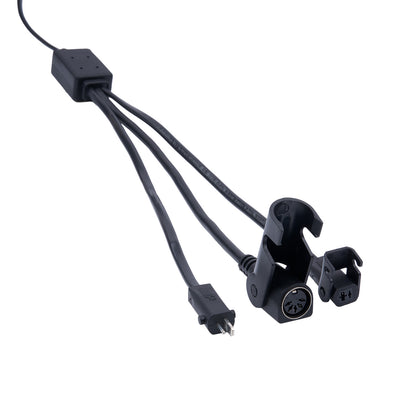 Black electrical cable with connectors on a white background