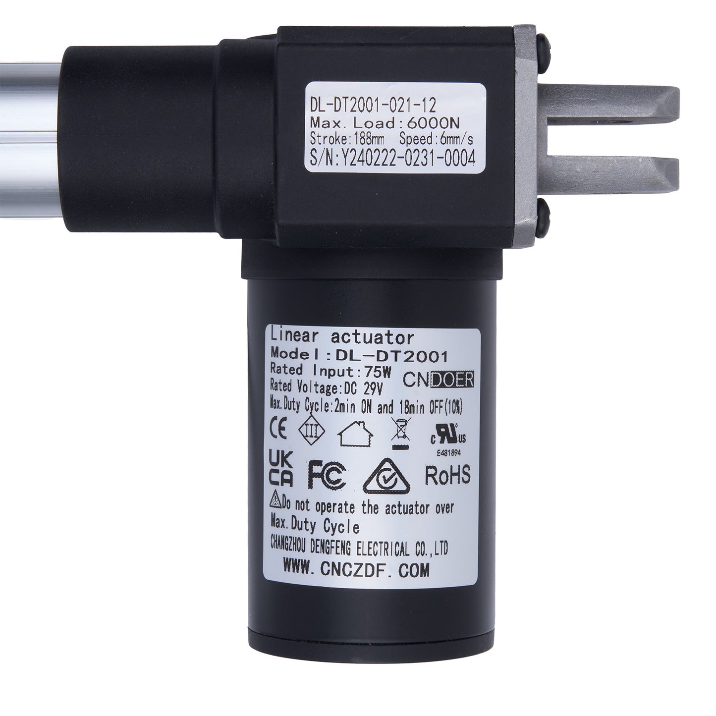 Linear actuator with visible branding and specifications on a white background