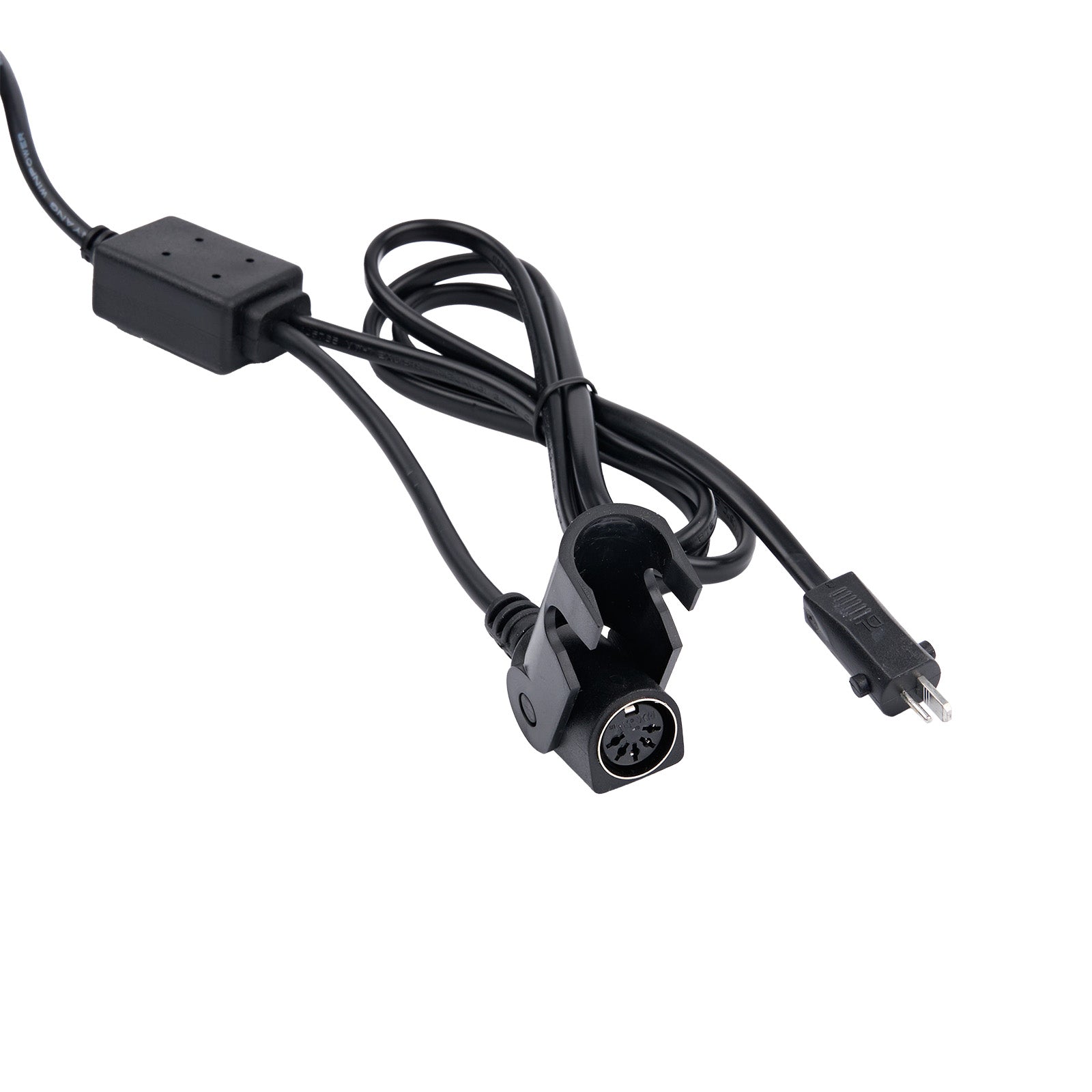 Black electrical cable with connectors on a white background