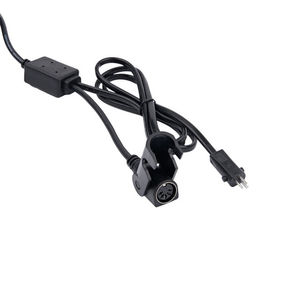 Black electrical cable with connectors on a white background