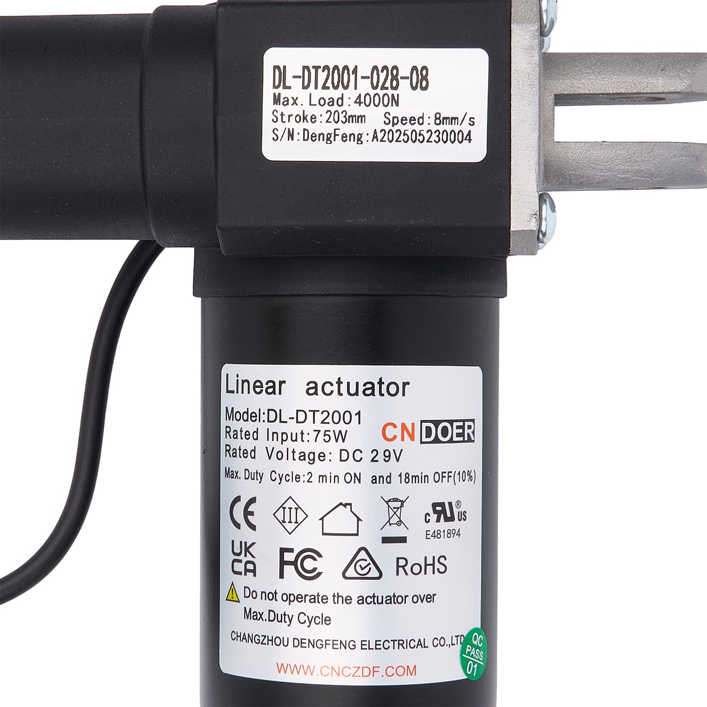 Linear actuator with CN DOER branding and specifications on a white background