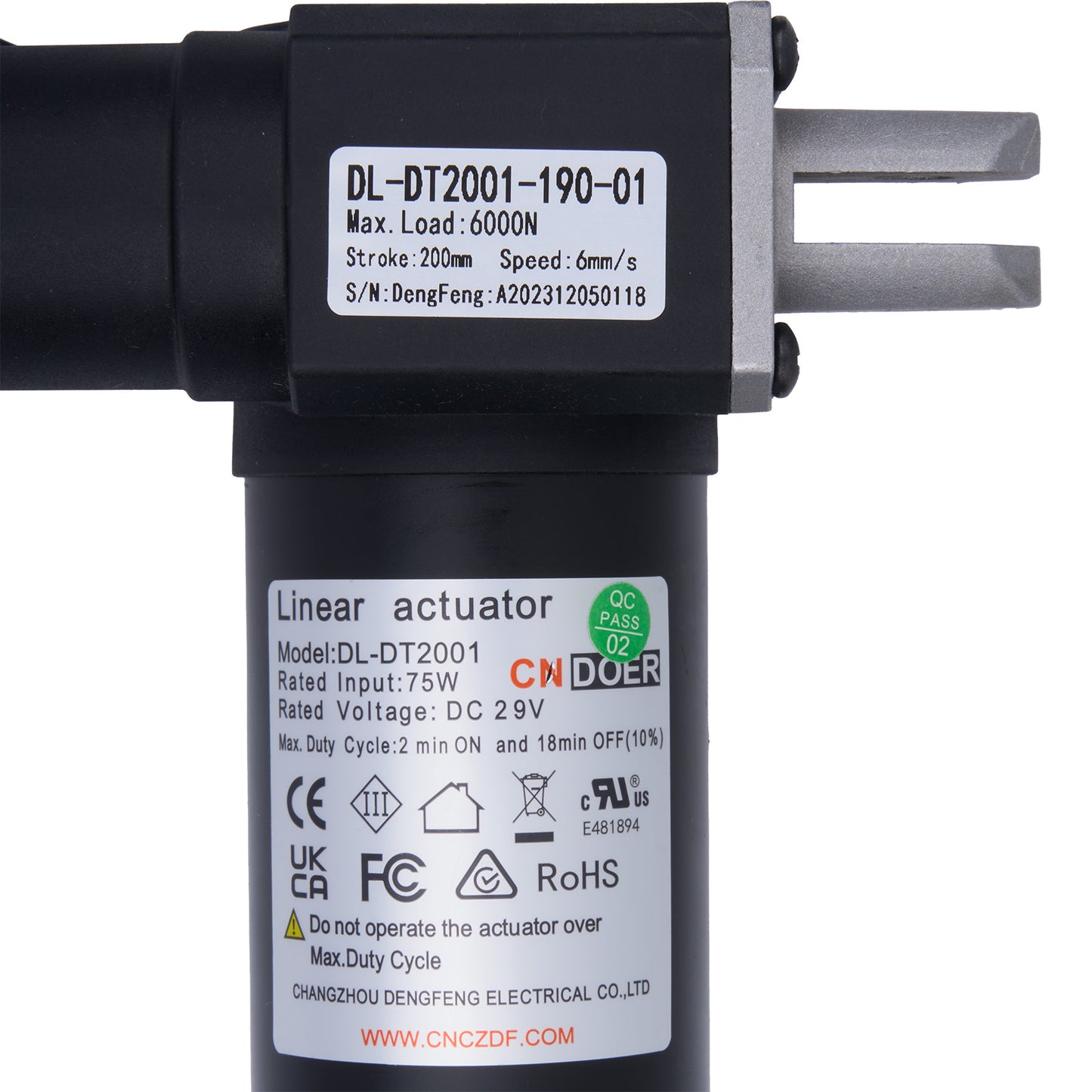 Linear actuator with labels and certification logos on a white background