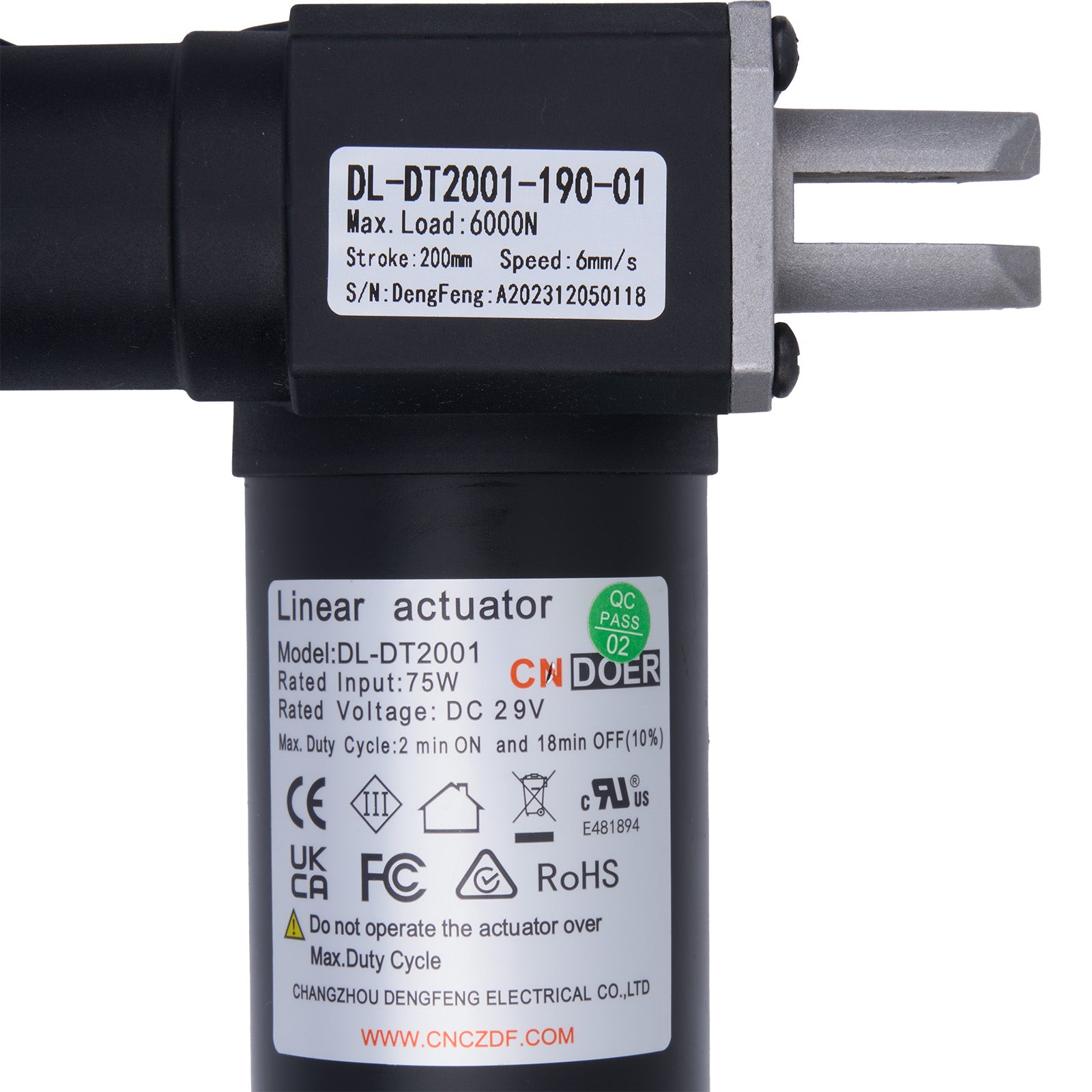 Linear actuator with labels and certification logos on a white background