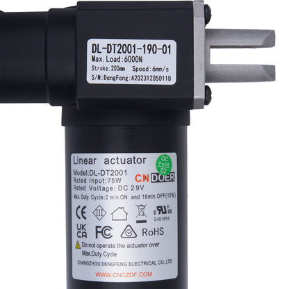 Linear actuator with labels and certification logos on a white background