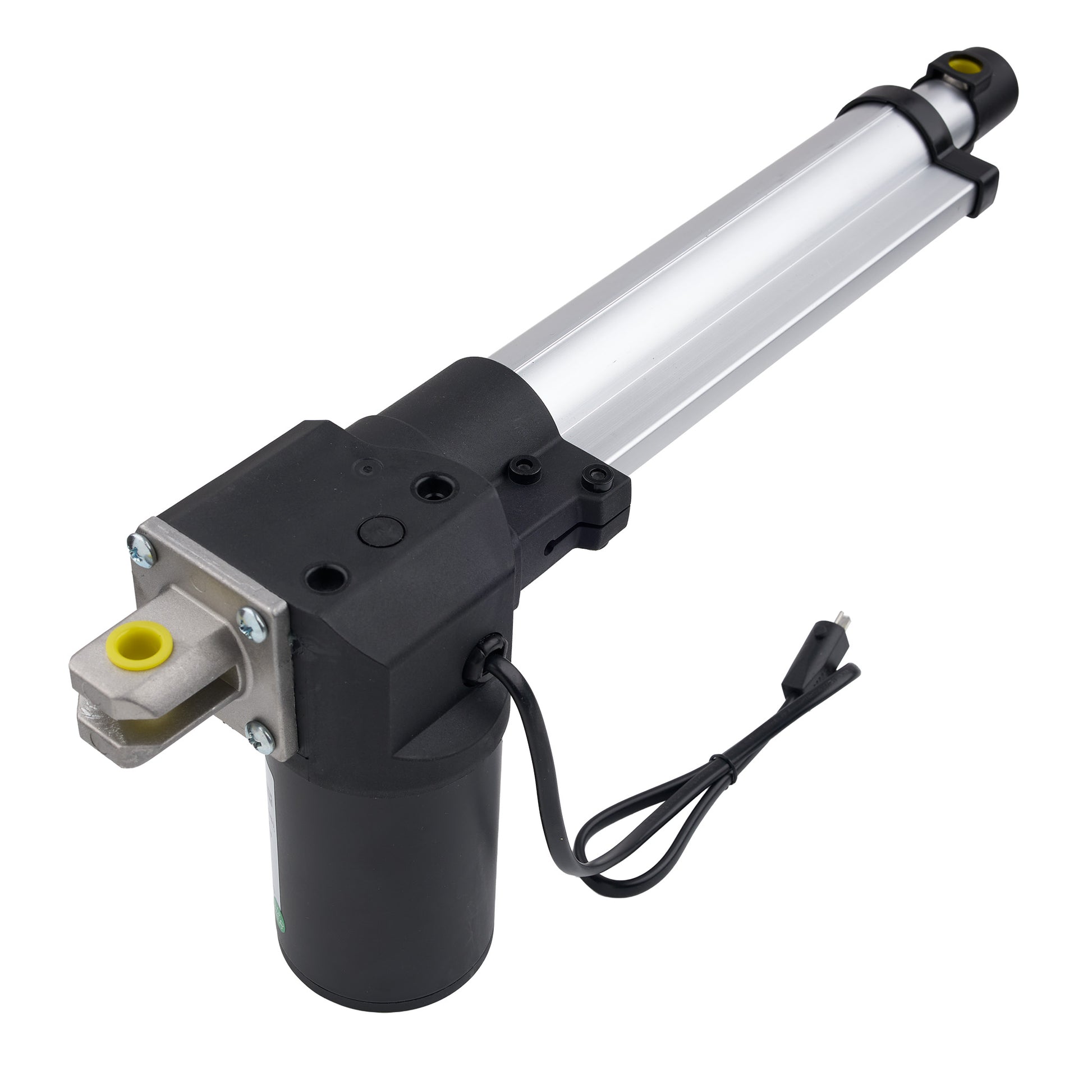 Electric actuator with black housing and white cylindrical component on a white background