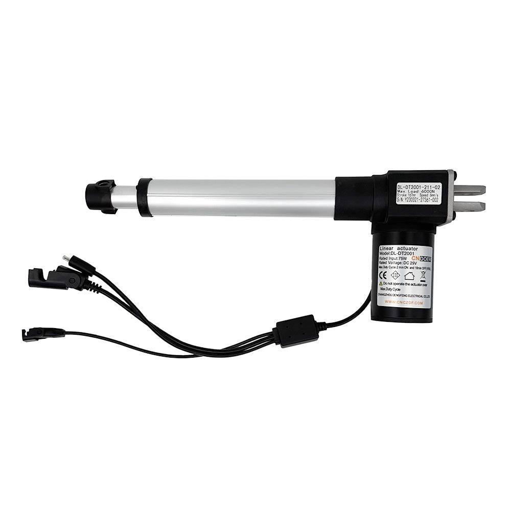 A CNDOER DL-DT2001-211-02 linear actuator motor with a silver body, black wiring, and a label on the side.