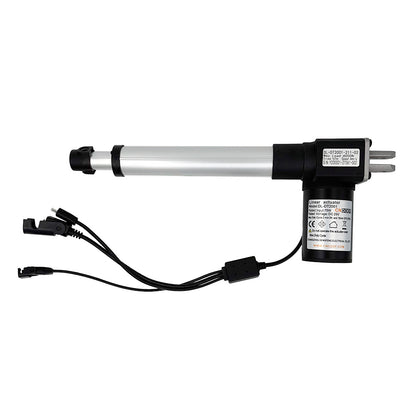 A CNDOER DL-DT2001-211-02 linear actuator motor with a silver body, black wiring, and a label on the side.