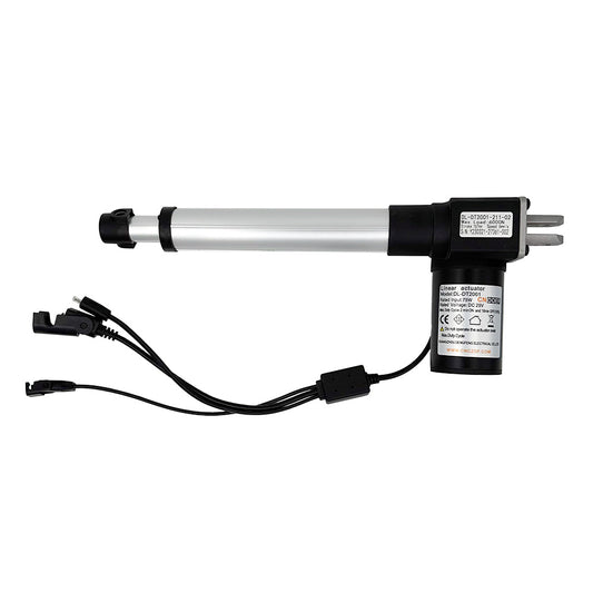A CNDOER DL-DT2001-211-02 linear actuator motor with a silver body, black wiring, and a label on the side.