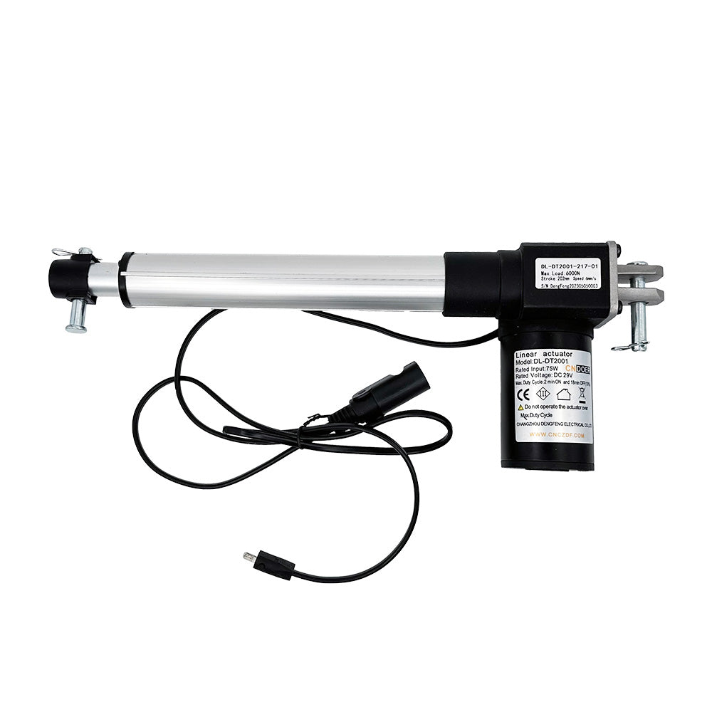 A CNDOER DL-DT2001-217-01 linear actuator motor with a black body, an attached electrical cable, and a silver actuator shaft.