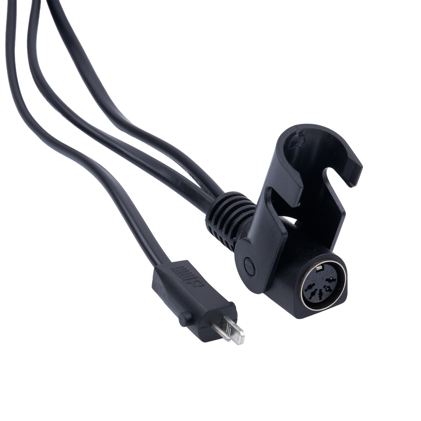 Black audio cable with plug and XLR connector on a white background