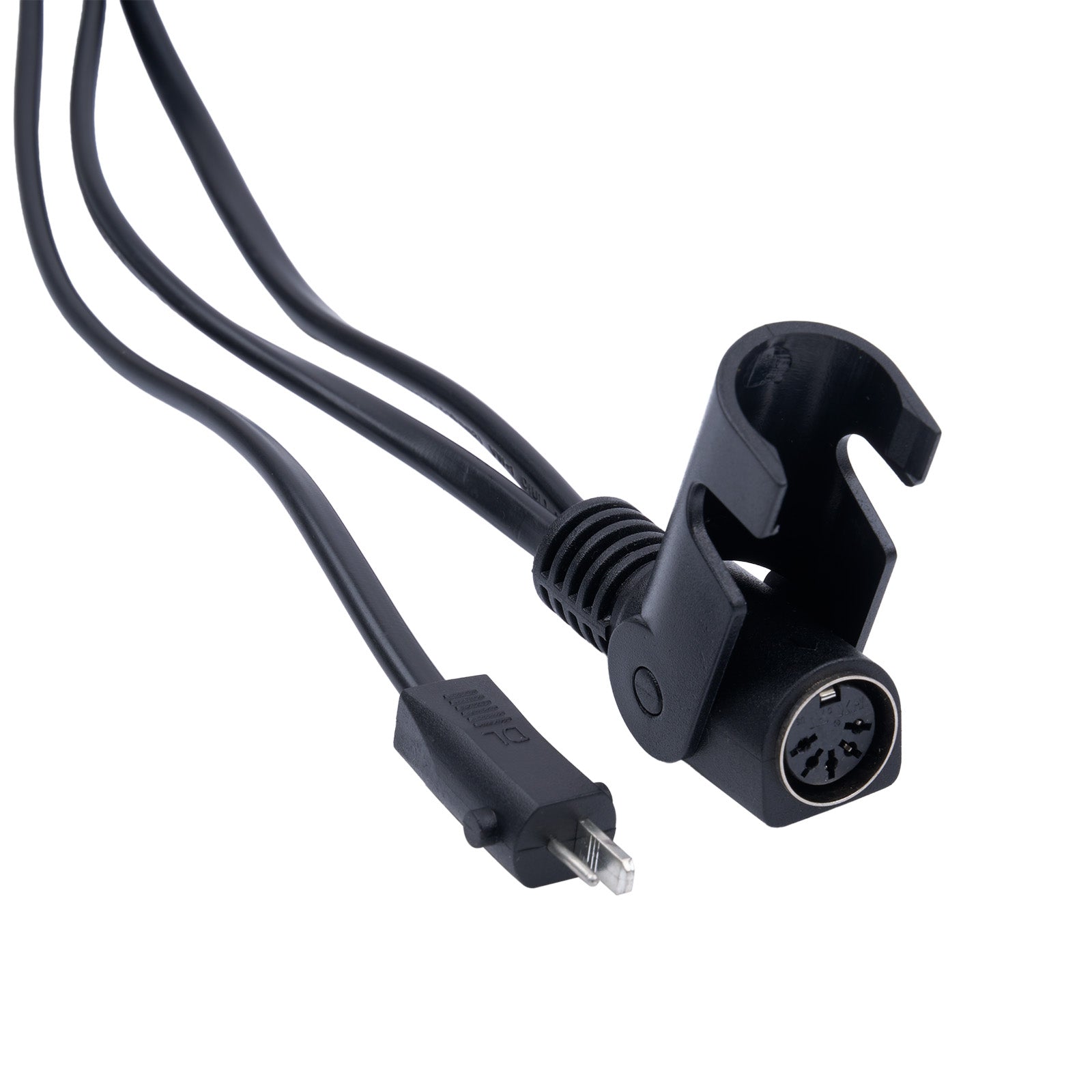 Black audio cable with plug and XLR connector on a white background