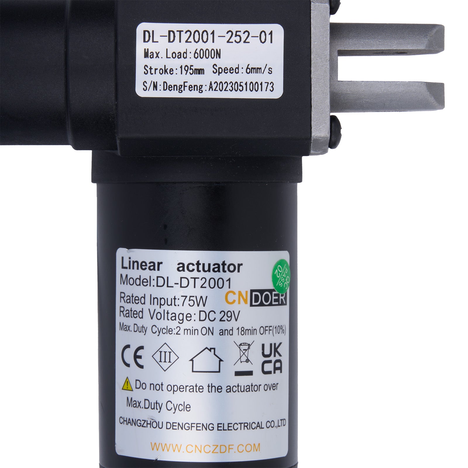 Linear actuator with label and specifications on a white background