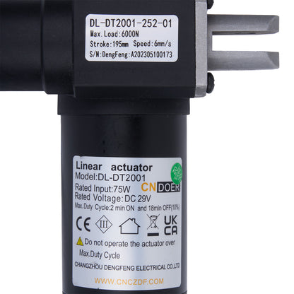 Linear actuator with label and specifications on a white background