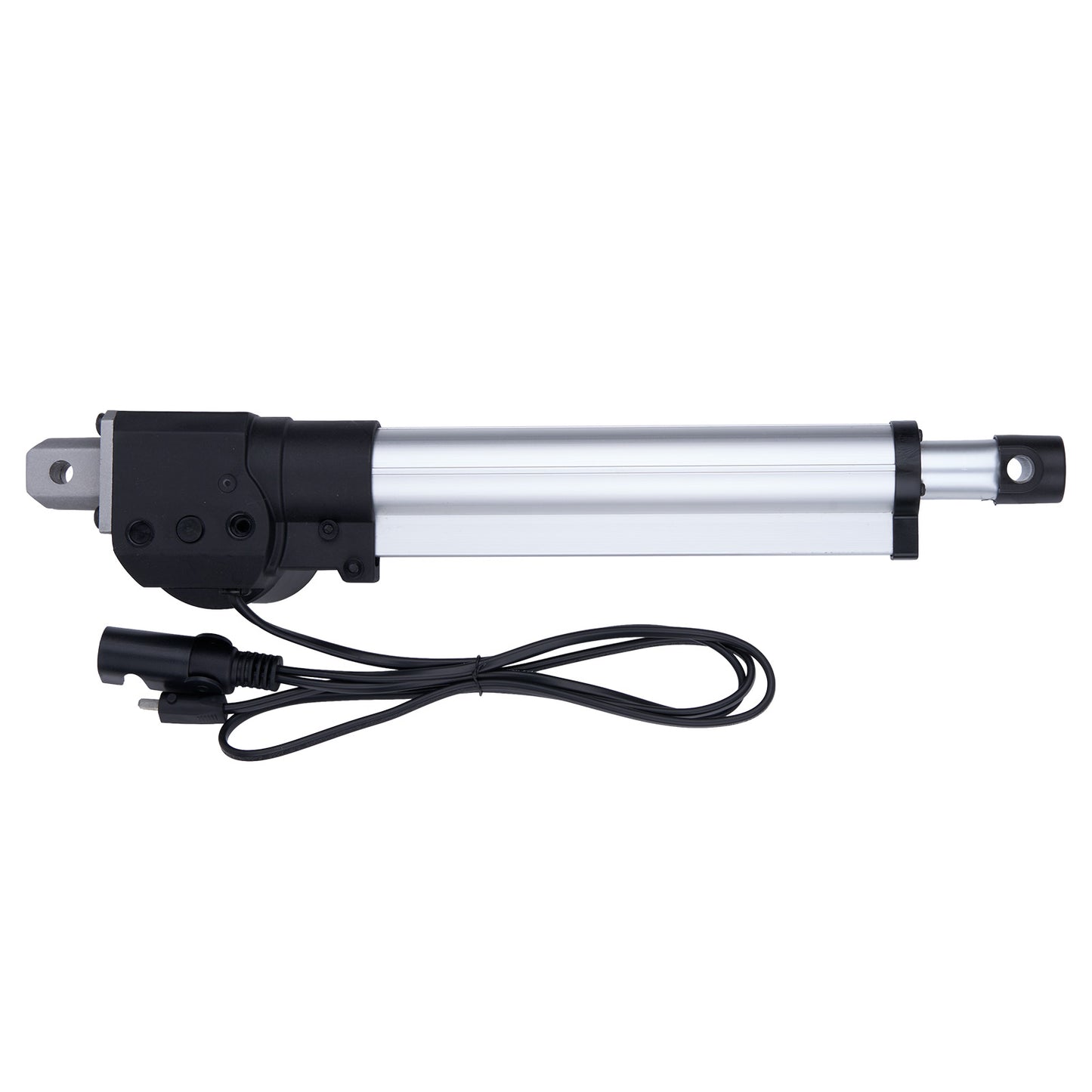 Linear actuator with black handle and wiring on a white background